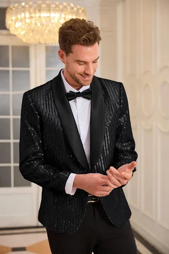Vista 7 de GRACE KARIN Blazer de lentejuelas brillantes para hombre, con un botón, chal, solapa, esmoquin, fiesta, cena, baile de graduación