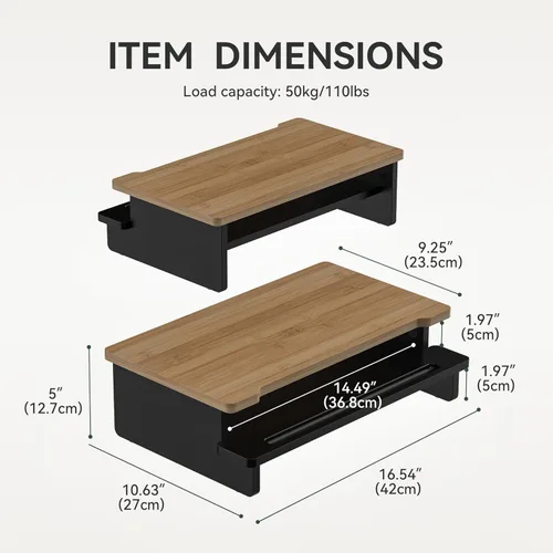 Vista 5 de Soporte elevador de monitor para escritorio, estante de escritorio de madera, organizador de almacenamiento con soporte para teléfono y tableta