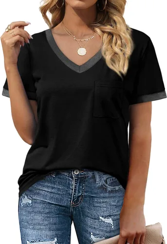 Vista 2 de Geifa Camisetas de manga corta con cuello en V para mujer, sueltas, casuales, de verano, con bolsillo