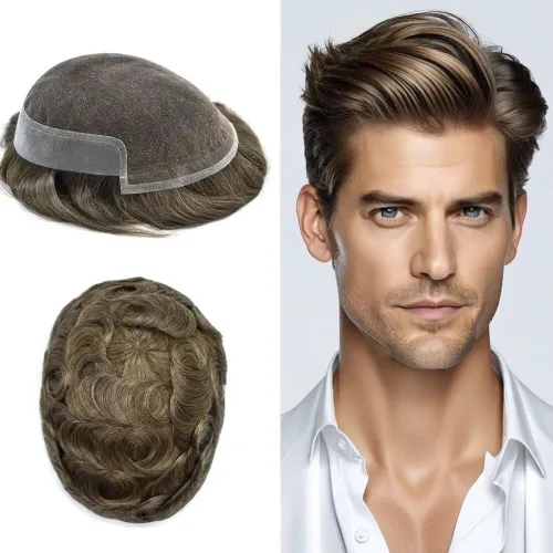 Vista 20 de FACE MIRACLE - Tupé de encaje frontal francés para hombres, postizos, sistemas de reemplazo de cabello humano con PU para hombre, prótesis