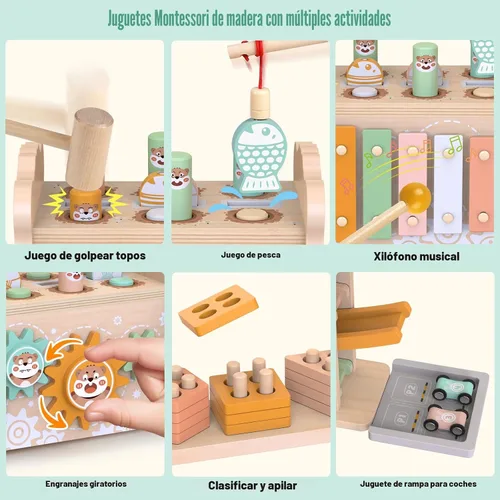 Vista 2 de Juguetes de madera Montessori para niños pequeños de 1 a 3 años, juguete de martillado y golpeo para bebés con xilófono y juego de pesca, pista