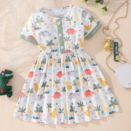 Vista 2 de Vestidos de verano para niñas pequeñas, túnica de dinosaurio, vestido casual de manga corta, vestido de patinadora para niños pequeños, 2-7T