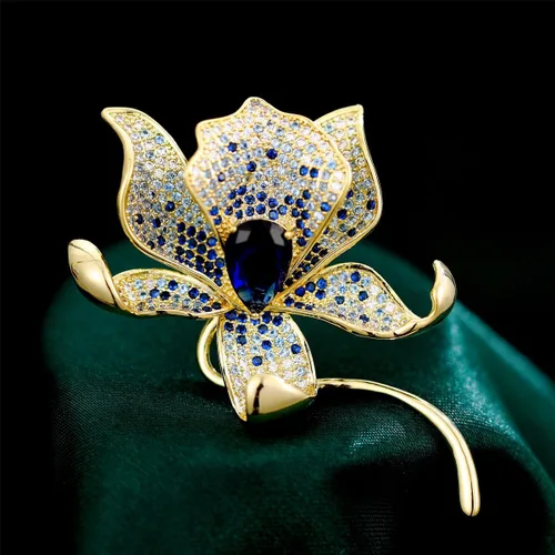 Vista 3 de Impresionante broche de lirio hecho a mano en oro de 14 quilates con incrustaciones de cristal, lujoso ramillete floral botánico de moissanita