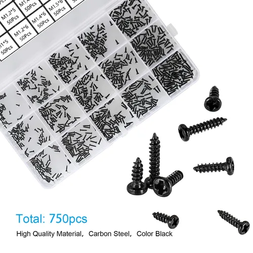 Vista 3 de 750 tornillos negros pequeños para electrónica, M1, M1.2, M1.4, M1.5, M1.7 Tornillos autorroscantes Phillips muy pequeños, tornillos de micro