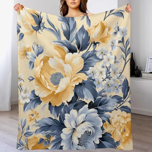 Vista 7 de Mantas suaves y mantas para sofá, fina manta de franela de flores amarillas y azules polvorientas, manta de franela de flores amarillas y azules