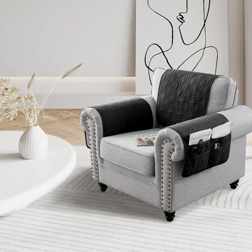 Vista 7 de Juego de 3 fundas impermeables para sofá reclinable, funda para reposabrazos y reposacabezas con 6 bolsillos de almacenamiento, protector acolchado
