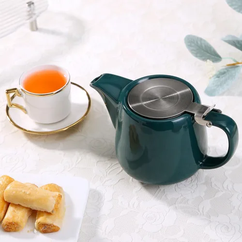 Vista 6 de Tetera de cerámica con infusor de acero inoxidable, resistente al calor, perfecta para hacer té, verde, 500ml/17oz verde (Ceramic Teapot Green)