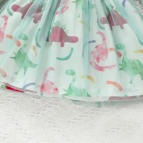 Vista 6 de Toddler Rib Princess Dress Floral Print Tulle Long Sleeve Baby Girls Ruffle Long Sleeve Round Neck Buttons Elegant Clothes