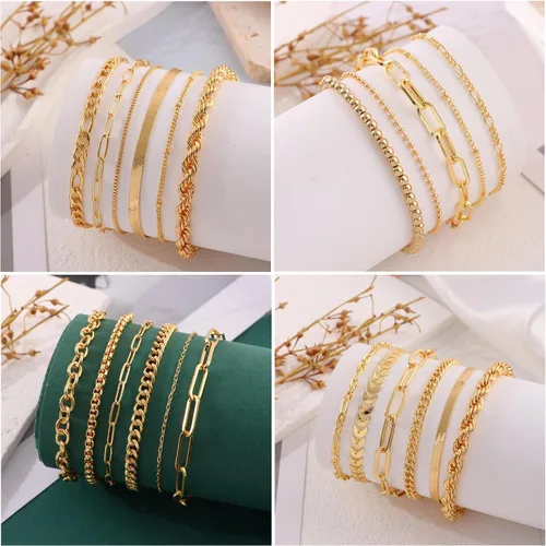 Vista 6 de WAINIS Juego de 23 pulseras de cadena de oro para mujer, de moda, chapadas en oro de 14 quilates, pulseras de clip de eslabones de eslabones