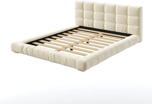 Vista 6 de Base de cama tapizada de terciopelo con cabecera capitoné de canal, cama de perfil bajo tamaño Queen con soporte de listones resistente, no necesita