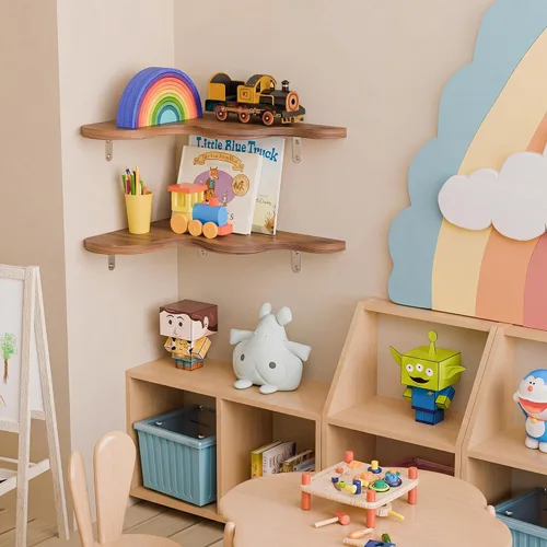 Vista 4 de Cute Cloud Corner Shelves - Set of 2 Brown Wooden Floating Corner Shelves Wall Mounted, 90-Degree Space-Saving Nursery Shelves with Brackets, Kids