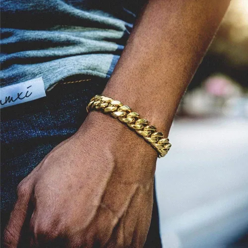 Vista 5 de TOPGRILLZ Pulsera de oro con eslabones cubanos chapados en oro de 14 quilates, Hip Hop Miami, pulsera de eslabones cubanos sólidos para hombres