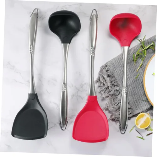 Vista 8 de LABRIMP Cuchara de silicona para servir cucharas de acero inoxidable utensilios de cocina de acero inoxidable mango cucharón cuchara de sopa