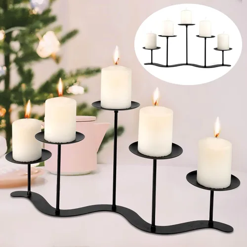 Vista 11 de Candelabro ajustable de metal de 5 pilares, color negro mate Weighted Iron Base Prevents Wobbling, Fast 3-minute assembly, Elegant Matte Black