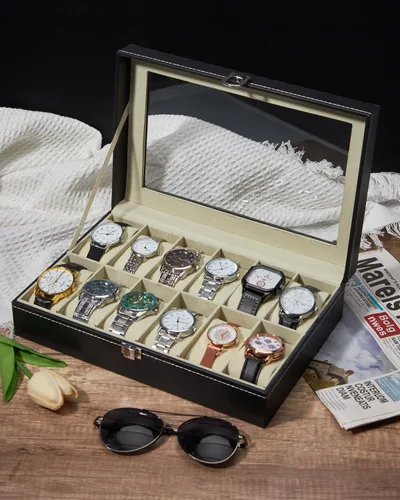 Vista 4 de Caja de reloj de piel; organizador de joyería con visualización y 12 ranuras Ohuhu