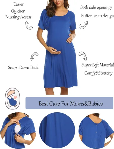 Vista 2 de Ekouaer - Camisón con botones y manga corta para mujer vestido para lactancia parto hospital y maternidad tallas S-XXL