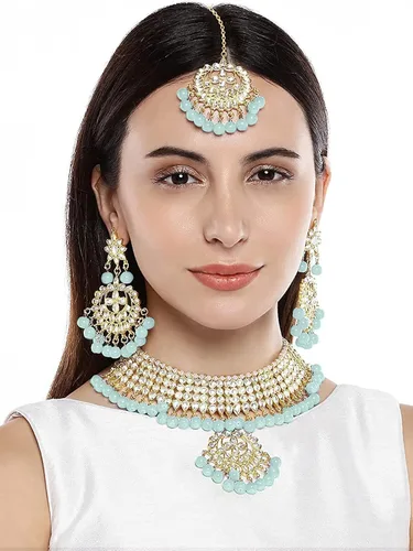 Vista 2 de I Jewels - Gargantilla o collar ajustado Kundan de la India, inspirado en Bollywood, chapado en oro y con perlas. Juego de joyería para mujer (K7058)