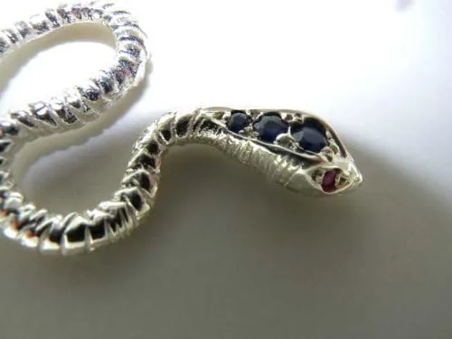 Vista 7 de Ladies Solid 925 Sterling Silver Natural Opal & Sapphire Detailed Snake Pendant Necklace
