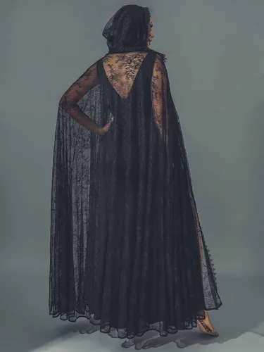 Vista 7 de Unicra Capa larga con capucha de encaje de longitud completa, capa larga para disfraz de Halloween, capa de fiesta de cosplay para mujer