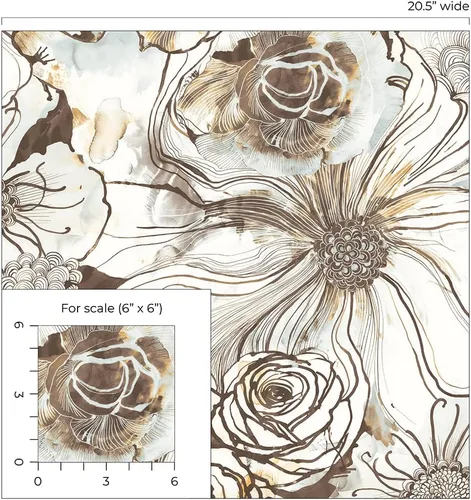 Vista 7 de NextWall Harry & Grace Ink Rose - Papel tapiz para despegar y pegar, diseño floral abstracto (Mocha y Niebla Azul)