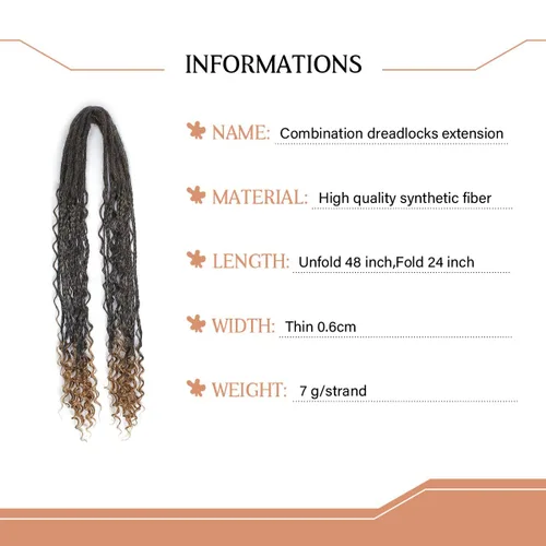 Vista 3 de Extensiones de rastas trenzadas bohemias de 24 pulgadas, 10 hebras de rastas sintéticas rizadas color marrón degradado con trenza de caja, rastas
