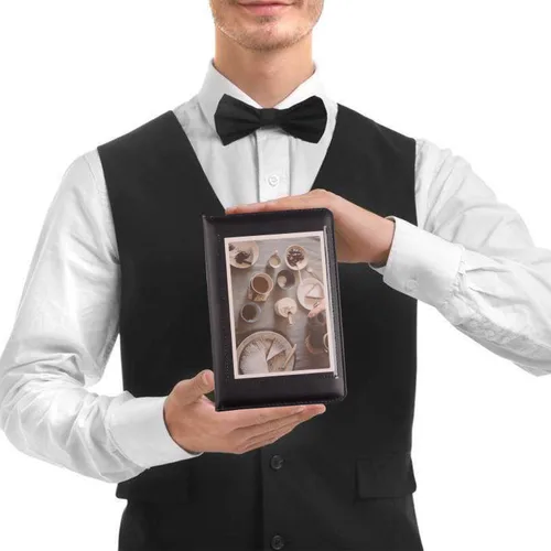 Vista 4 de Cartera organizadora de libros de piel sintética negra para camareros o camareros, recibo de restaurante o cheque de dinero (negro/8 x 5 pulgadas)