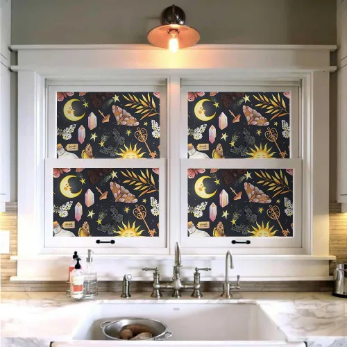 Vista 4 de Papel Tapiz Negro Azul Marino Fantástico Sueño Mágico Sol Luna Mariposa Hongos Estrellas de Cristal para Despegar y Pegar Papel de Contacto Adhesivo