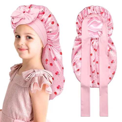 Vista 20 de Gorro de pelo largo para niños para dormir - Gorro de satén elástico de doble capa para niñas con banda de amarre para cabello trenzado y rizado