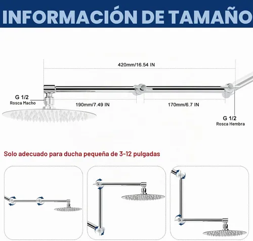 Vista 2 de NearMoon Brazo de ducha ajustable, brazo de extensión de ducha, conexión universal, cabezal de ducha ascendente o inferior, ajustar la altura/ángulo