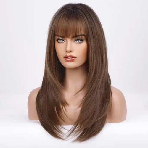 Vista 2 de HAIRCUBE Peluca sintética marrón oscuro para mujer, pelucas en capas con flequillo de longitud media recta y resistente al calor Marrón oscuro2