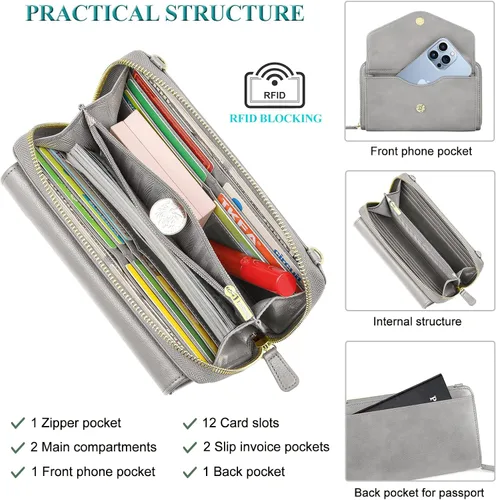 Vista 3 de Peacocktion Cartera para mujer con RFID, cartera cruzada de gran capacidad, 2 correas