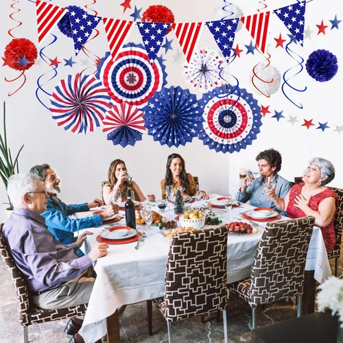 Vista 7 de Decoraciones de fiesta patriótica del 4 de julio, 6 abanicos de papel, 6 bolas de flores, 1 bandera de cola de golondrina de Estados Unidos, 1