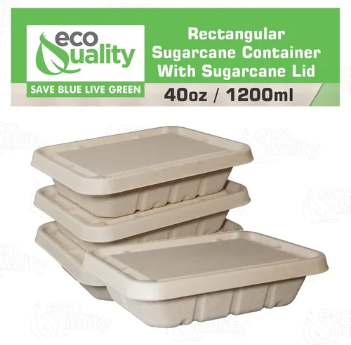 Vista 5 de EcoQuality Cuencos desechables de 40 onzas con tapas de fibra, cuencos rectangulares de papel biodegradable de fibra de caña de azúcar compostable