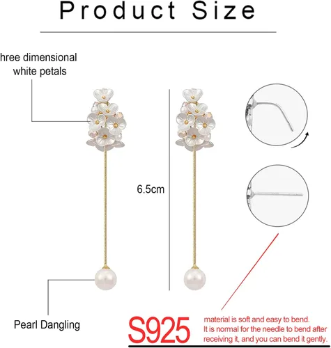 Vista 2 de Aretes colgantes de perlas blancas de plata de ley 925 con flecos largos y pétalos, aretes colgantes para mujer