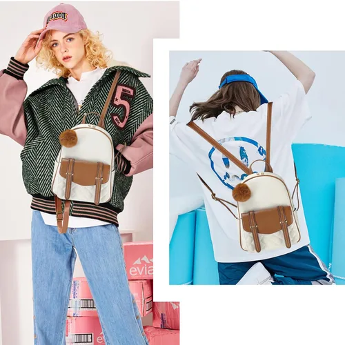 Vista 5 de ZGWJ Linda mochila de cuero para mujer, bolso de cuero a la moda, con lazo, mochila pequeña de viaje, bolsas de hombro, Beige-Marrón, Lindo