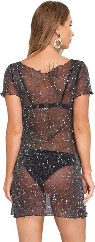 Vista 2 de Floerns Vestido de malla transparente con purpurina para mujer con ribete de lechuga sin brasier