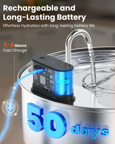 Vista 6 de Fuente de agua inalámbrica para perros grandes, fuente de agua de acero inoxidable de 12 litros con sensor, bomba silenciosa, dispensador automático