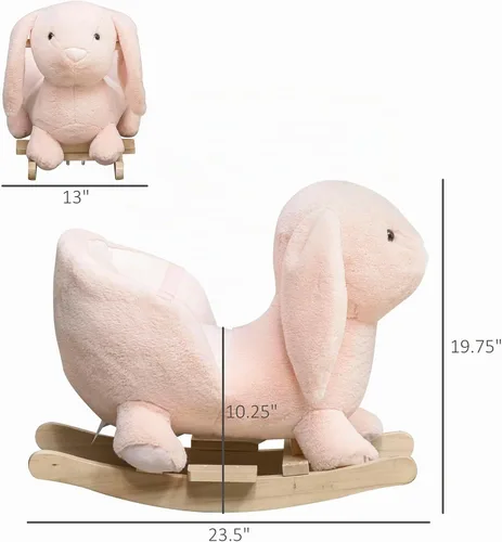 Vista 7 de Qaba Caballo mecedor para bebé, conejo de peluche con sonido simulado, base de madera, cinturón de seguridad, mecedora de relleno para niños de 18 a