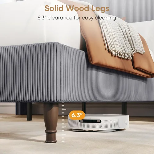 Vista 8 de Base de cama matrimonial con cabecera de 55.3 pulgadas de alto, plataforma tapizada de pana con luces LED y estación de carga, cabecera