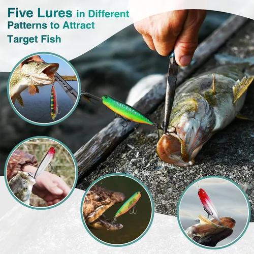 Vista 7 de FLISSA Juego de 5 señuelos de pesca de agua superior, señuelos de pesca de lubina para agua dulce y salada, señuelo duro realista, señuelo de pesca