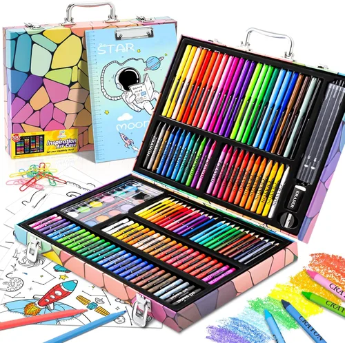 Vista 9 de Suministros de arte, juego de 180 piezas para dibujar y pintar para niños, niñas, niños, adolescentes, juego de arte para colorear con estuche