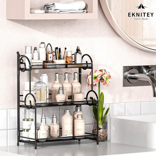 Vista 4 de EKNITEY Organizador de encimera de baño, organizador de especias de 3 niveles, organizador de encimera para el cuidado de la piel, para baño, Negro