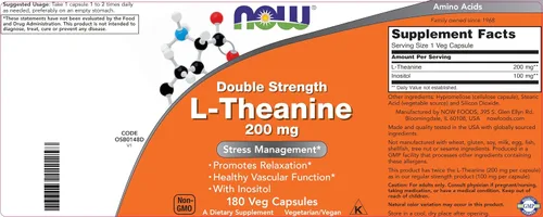 Vista 4 de NOW Foods L-teanina, Doble Fuerza 200 mg por cápsula - 180 cápsulas veganas - Mejorada con 100 mg de inositol - Vegetariana, Sin OMG - Suplemento