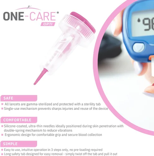 Vista 3 de ONE-CARE Opti - Lancetas de seguridad, botón superior activado, 21G x 0.110 in, cómodas, 200 unidades, precargadas, estériles