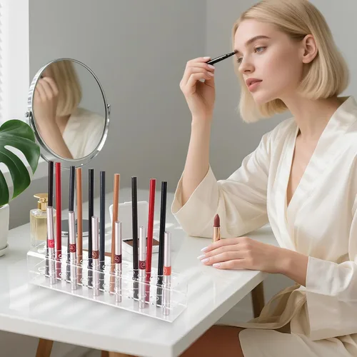 Vista 6 de Organizador de delineador de labios acrílico y organizador de delineadores de ojos, 24 lápices cosméticos estándar, estuche de exhibición