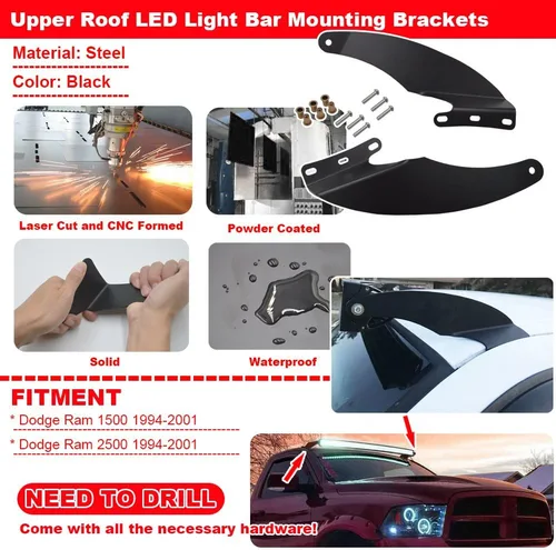 Vista 2 de Barra de luz LED curvada de 52 pulgadas, soportes de montaje para parabrisas de techo superior compatibles con Dodge Ram 1500 2500 1994-2001