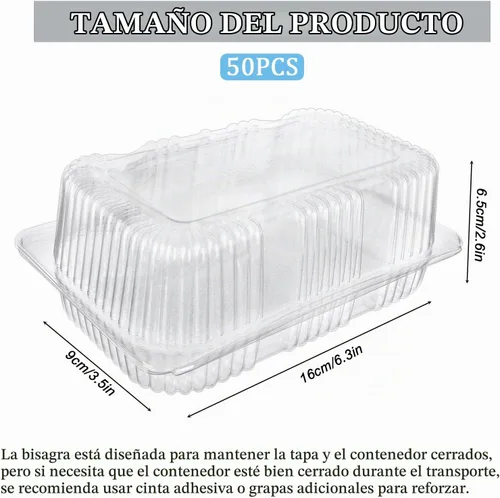 Vista 2 de Paquete de 50 recipientes de plástico transparente, 6.3 x 3.5 x 2.6 pulgadas, recipientes desechables de PET con bisagras, bandejas apilables