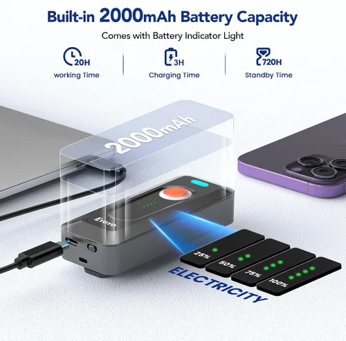 Vista 3 de Eyoyo Escáner de código de barras Bluetooth 2D portátil con clip, batería de 2000mAh con indicador de nivel, lector de código de barras 1D QR Naranja