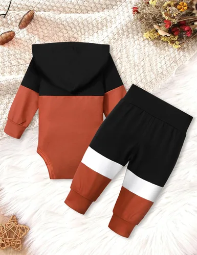Vista 5 de WIQI Conjunto de 2 piezas de ropa de bebé niño con capucha y bloques de color de manga larga + pantalones largos para otoño e invierno