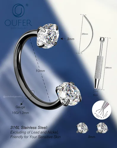 Vista 9 de OUFER Anillos de labio de herradura 16G para mujeres y hombres, acero quirúrgico 316L, 8/0.394 in, joyería de piercing de labio, rosca interna